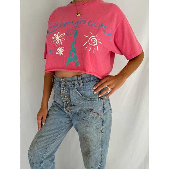 90s vintage pink bonjour paris travel souvenir cotton cropped tee shirt crop top - Picture 3 of 9